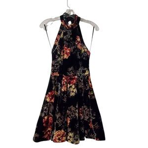 B. Darlin Sz 7 Dress Black Pink Floral Velvet Sheath Halter Floral Ladder Trim